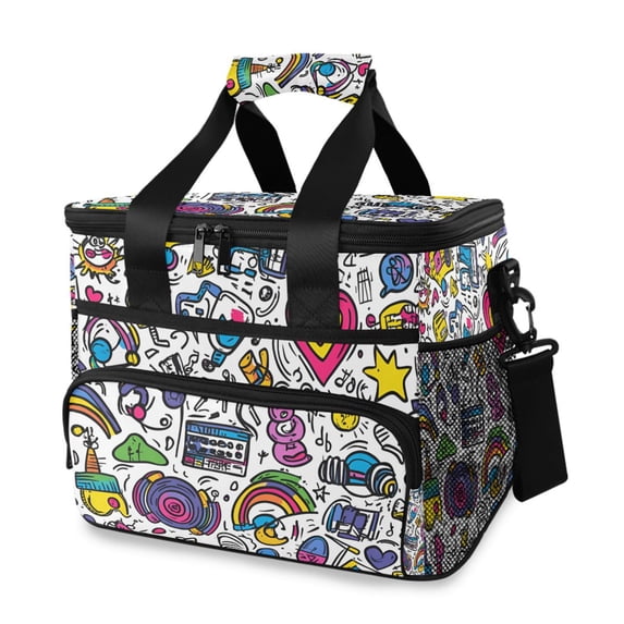 FORMRS Insulated Cooler Bag 24 Cans Capacity Soft Leakproof Lunch Box with Side Pockets, White Doodle Pattern
