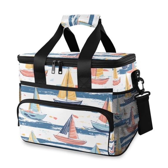 FORMRS Insulated Cooler Bag 24 Cans Capacity Soft Leakproof Lunch Box with Side Pockets, White Hand Drawn Sailboats