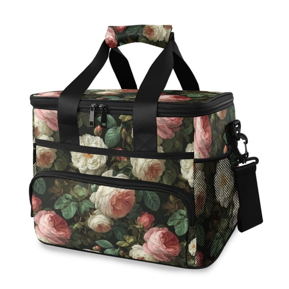 FORMRS Insulated Cooler Bag 24 Cans Capacity Soft Leakproof Lunch Box with Side Pockets, White and Pink Roses