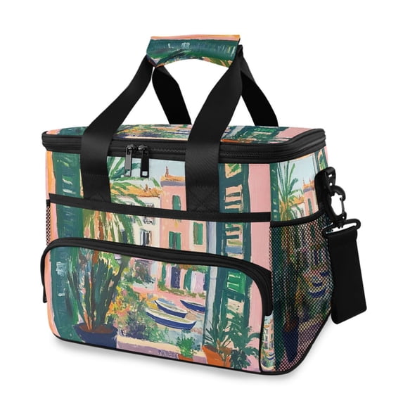 FORMRS Insulated Cooler Bag 24 Cans Capacity Soft Leakproof Lunch Box with Side Pockets, Window Scene