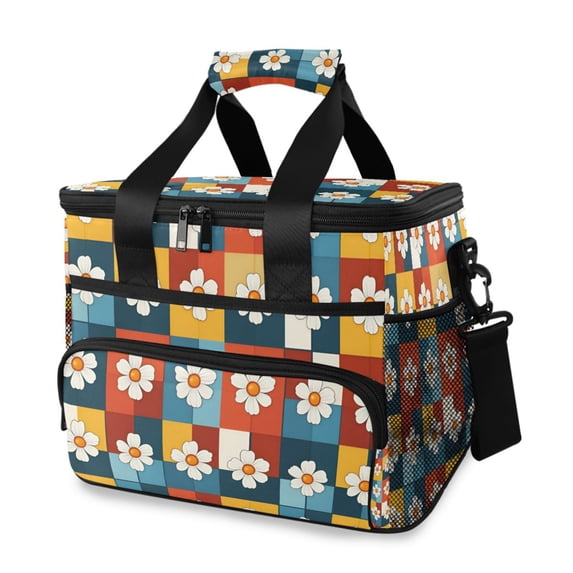 FORMRS Insulated Cooler Bag 24 Cans Capacity Soft Leakproof Lunch Box with Side Pockets, Yellow Checkered Daisy