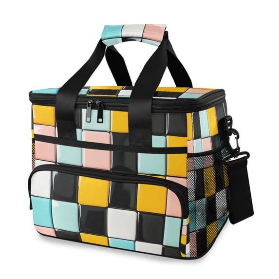 FORMRS Insulated Cooler Bag 24 Cans Capacity Soft Leakproof Lunch Box with Side Pockets, Yellow Checkered Pattern