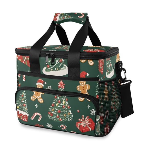 FORMRS Insulated Cooler Bag 24 Cans Capacity Soft Leakproof Lunch Box with Side Pockets, Yellow Christmas Gingerbread