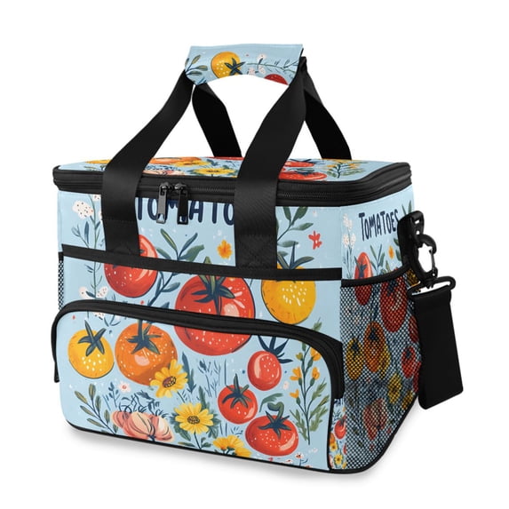 FORMRS Insulated Cooler Bag 24 Cans Capacity Soft Leakproof Lunch Box with Side Pockets, Yellow Floral Tomatoes