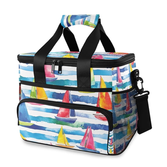 FORMRS Insulated Cooler Bag 24 Cans Capacity Soft Leakproof Lunch Box with Side Pockets, Yellow Hand Drawn Sailboats