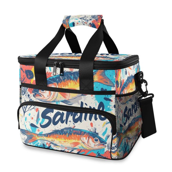 FORMRS Insulated Cooler Bag 24 Cans Capacity Soft Leakproof Lunch Box with Side Pockets, Yellow Sardines Pattern