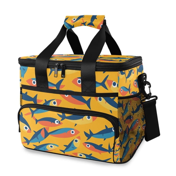 FORMRS Insulated Cooler Bag 24 Cans Capacity Soft Leakproof Lunch Box with Side Pockets, Yellow Sardines Pattern