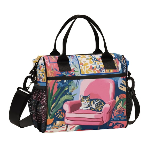 FORMRS Insulated Lunch Bag for Work School Unisex Large Capacity Cooler with Shoulder Strap, Art Cat
