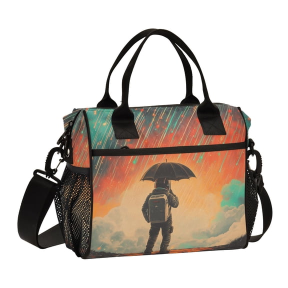 FORMRS Insulated Lunch Bag Unisex Large Capacity with Shoulder Strap, Astronaut in Rain