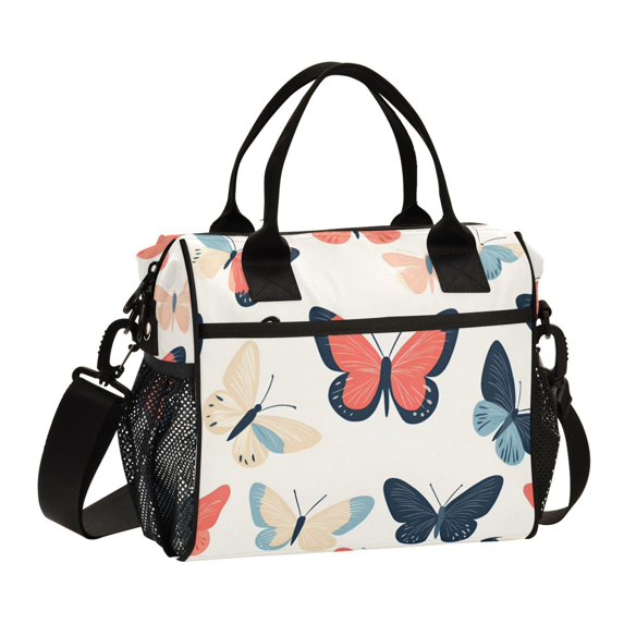 FORMRS Insulated Lunch Bag Unisex Large Capacity with Shoulder Strap, Beige Butterflies