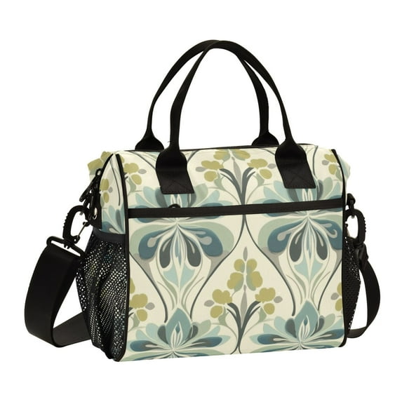 FORMRS Insulated Lunch Bag Unisex Large Capacity with Shoulder Strap, Beige Floral Pattern