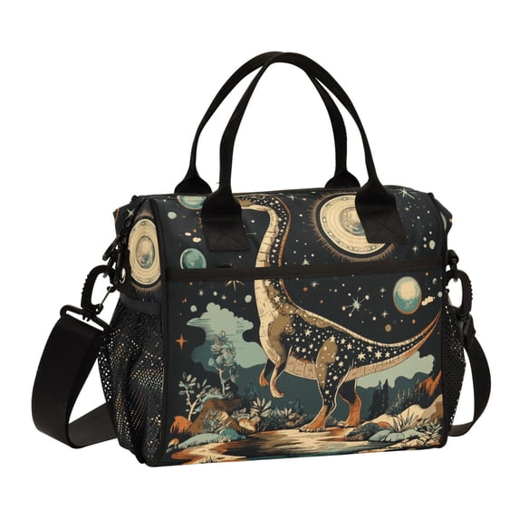 FORMRS Insulated Lunch Bag Unisex Large Capacity with Shoulder Strap, Black Dinosaur