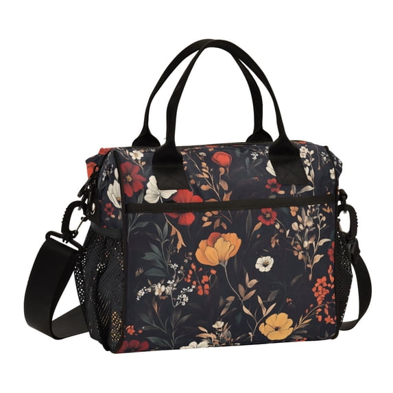 FORMRS Insulated Lunch Bag for Work School Unisex Large Capacity Cooler with Shoulder Strap, Black Floral Pattern