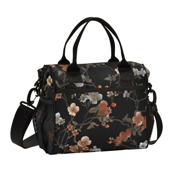 FORMRS Insulated Lunch Bag Unisex Large Capacity with Shoulder Strap, Black Flowers