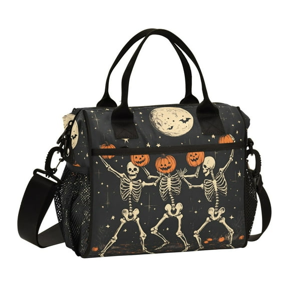 FORMRS Insulated Lunch Bag Unisex Large Capacity with Shoulder Strap, Black Halloween Dancing Skeleton