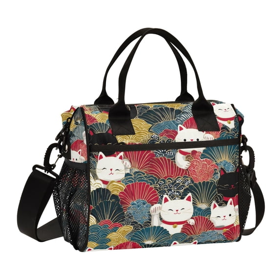 FORMRS Insulated Lunch Bag Unisex Large Capacity with Shoulder Strap, Black Lucky Cat