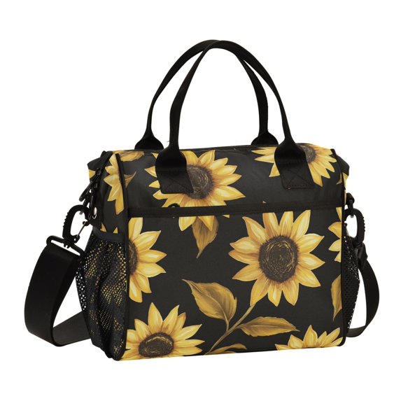 FORMRS Insulated Lunch Bag Unisex Large Capacity with Shoulder Strap, Black Sunflower Pattern