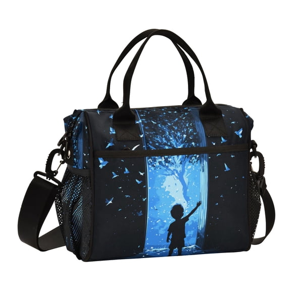 FORMRS Insulated Lunch Bag for Work School Unisex Large Capacity Cooler with Shoulder Strap, Blue Butterfly
