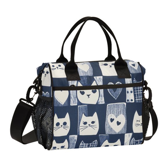 FORMRS Insulated Lunch Bag Unisex Large Capacity with Shoulder Strap, Blue Cats and Hearts
