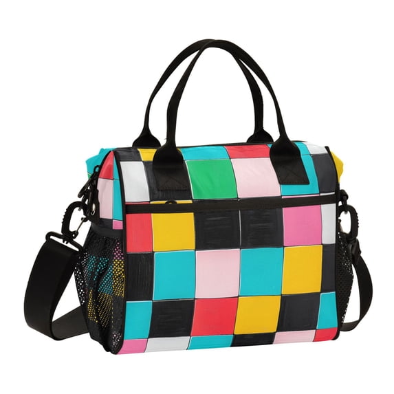 FORMRS Insulated Lunch Bag for Work School Unisex Large Capacity Cooler with Shoulder Strap, Blue Checkered Pattern