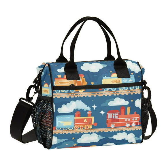 FORMRS Insulated Lunch Bag Unisex Large Capacity with Shoulder Strap, Blue Cute Train Pattern