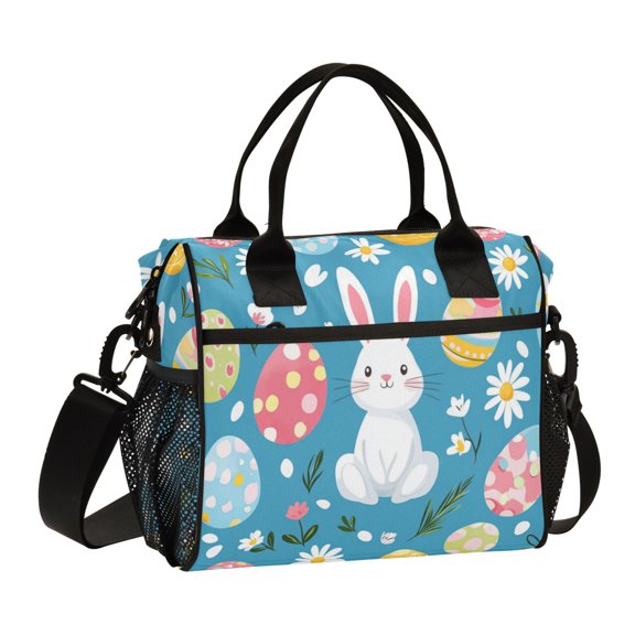 FORMRS Insulated Lunch Bag Unisex Large Capacity with Shoulder Strap, Blue Easter Bunny