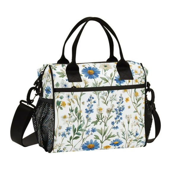 FORMRS Insulated Lunch Bag Unisex Large Capacity with Shoulder Strap, Blue Floral