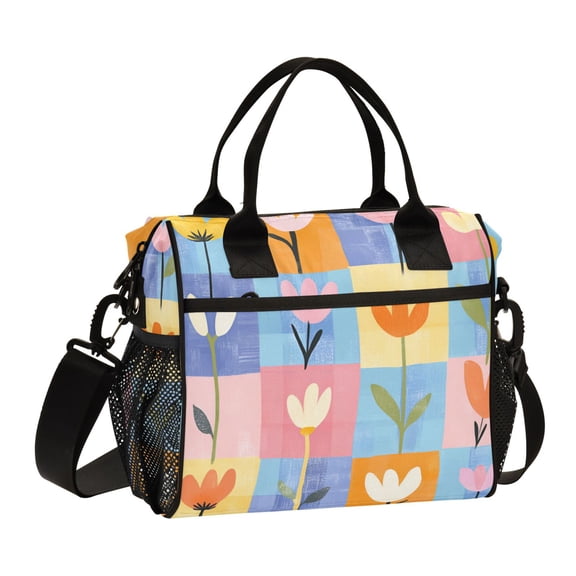 FORMRS Insulated Lunch Bag for Work School Unisex Large Capacity Cooler with Shoulder Strap, Blue Flowers