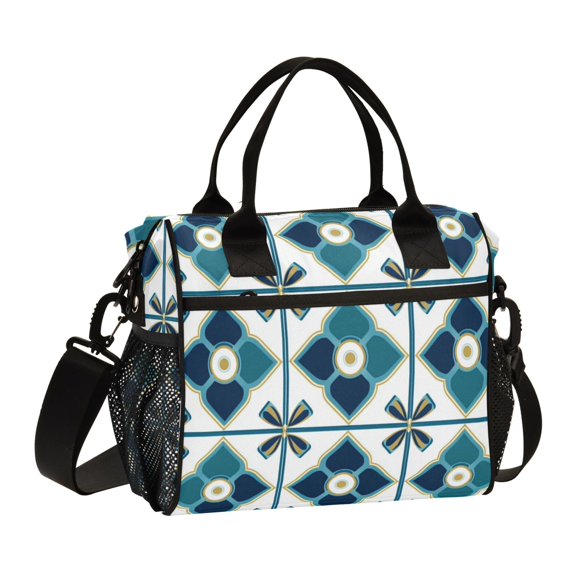 FORMRS Insulated Lunch Bag Unisex Large Capacity with Shoulder Strap, Blue Mosaic Pattern