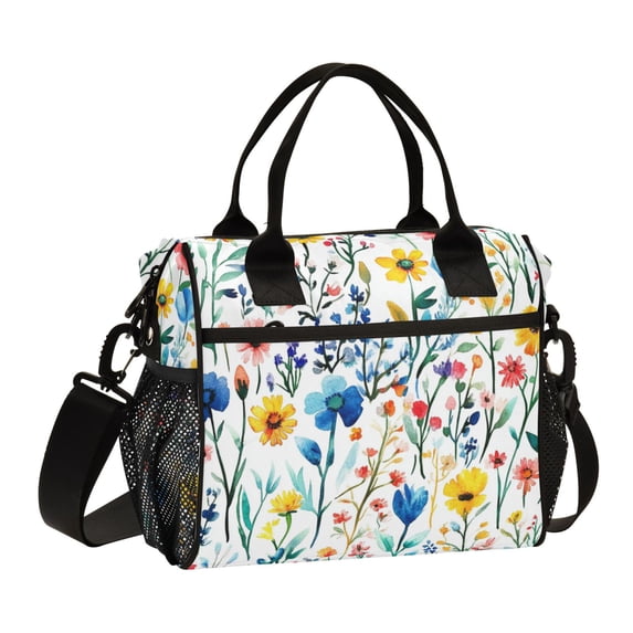 FORMRS Insulated Lunch Bag for Work School Unisex Large Capacity Cooler with Shoulder Strap, Blue Wildflower Pattern