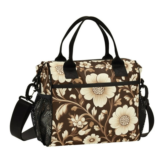 FORMRS Insulated Lunch Bag Unisex Large Capacity with Shoulder Strap, Brown Floral