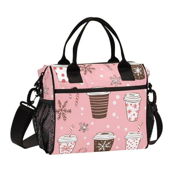 FORMRS Insulated Lunch Bag Unisex Large Capacity with Shoulder Strap, Brown Hand Drawn Cups