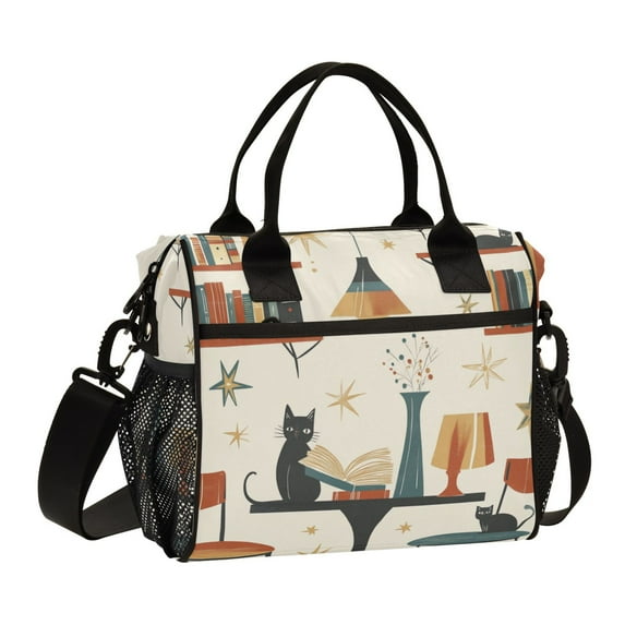 FORMRS Insulated Lunch Bag Unisex Large Capacity with Shoulder Strap, Cats Reading Pattern