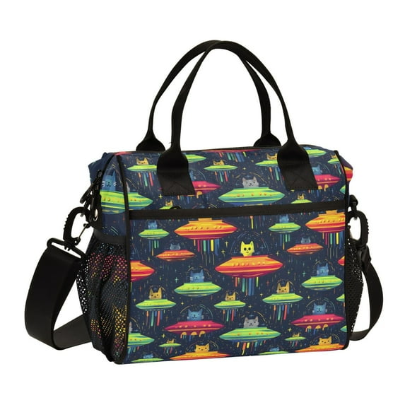 FORMRS Insulated Lunch Bag Unisex Large Capacity with Shoulder Strap, Colorful Space Cat