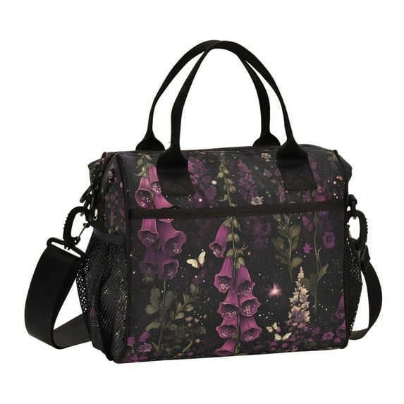 FORMRS Insulated Lunch Bag Unisex Large Capacity with Shoulder Strap, Dark Purple Floral Pattern