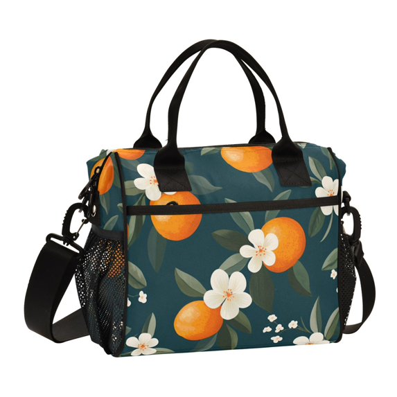 FORMRS Insulated Lunch Bag Unisex Large Capacity with Shoulder Strap, Floral Oranges