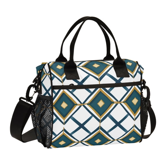FORMRS Insulated Lunch Bag for Work School Unisex Large Capacity Cooler with Shoulder Strap, Gold Geometric Pattern