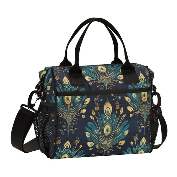 FORMRS Insulated Lunch Bag Unisex Large Capacity with Shoulder Strap, Gold Peacock Pattern
