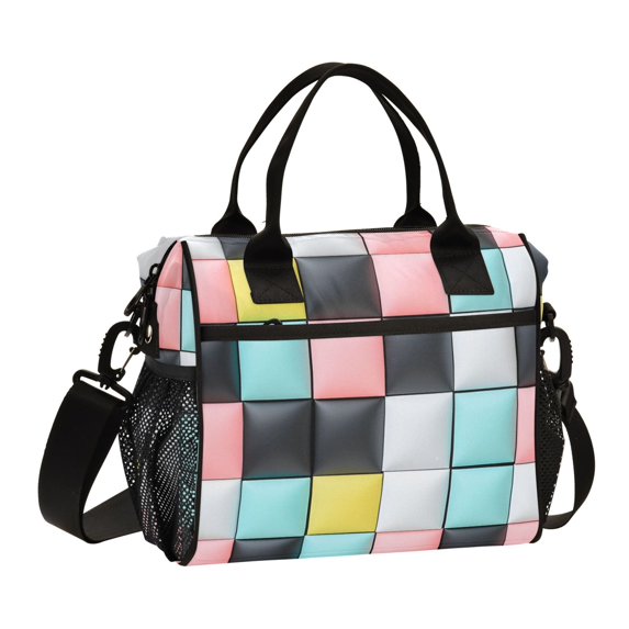 FORMRS Insulated Lunch Bag for Work School Unisex Large Capacity Cooler with Shoulder Strap, Gray Checkered Pattern