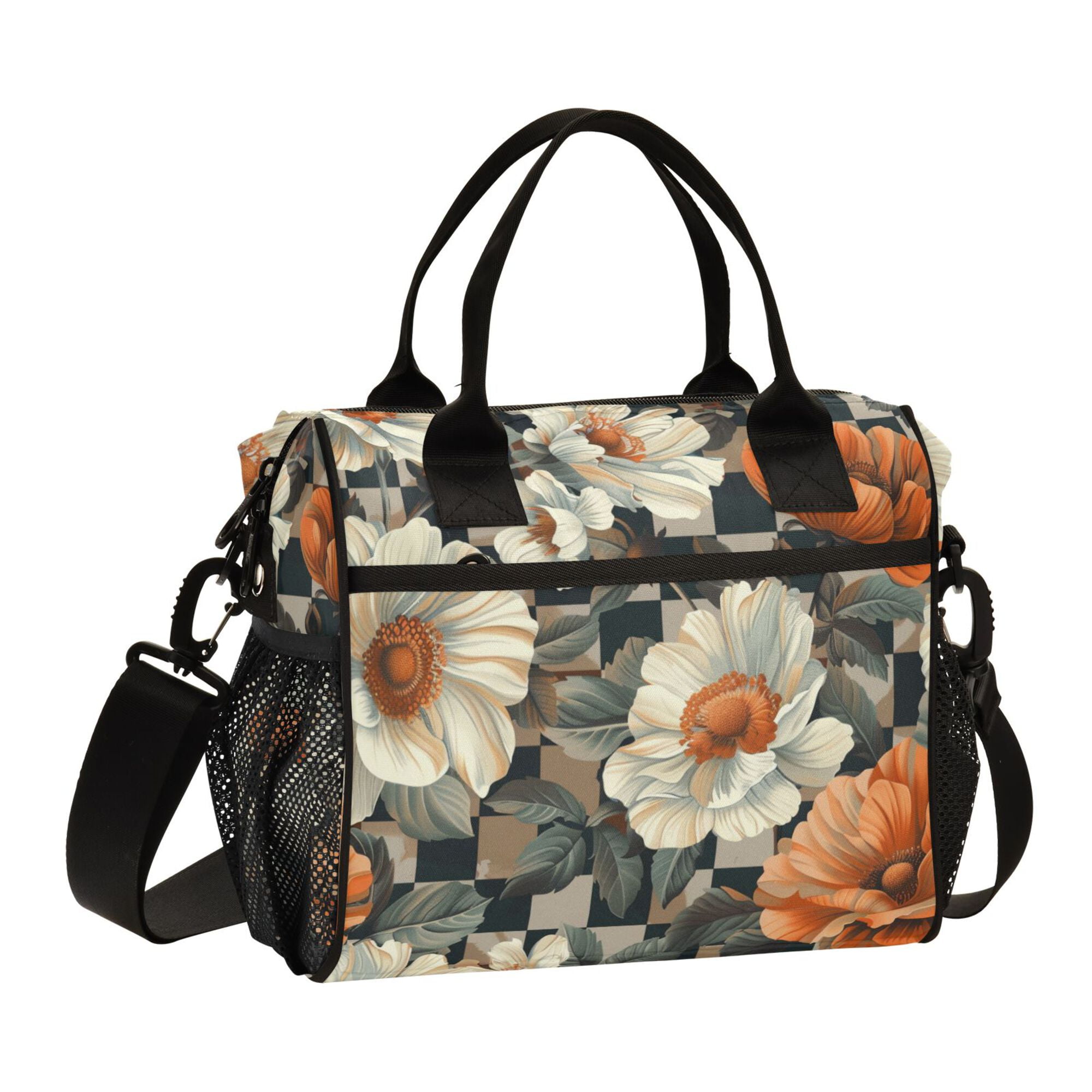 FORMRS Insulated Lunch Bag for Work School Unisex Large Capacity Cooler with Shoulder Strap, Gray Floral Pattern