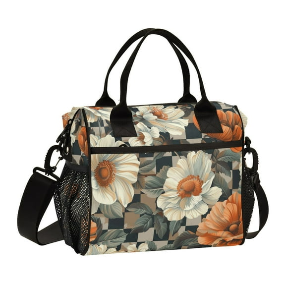 FORMRS Insulated Lunch Bag Unisex Large Capacity with Shoulder Strap, Gray Floral Pattern