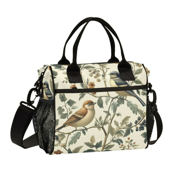 FORMRS Insulated Lunch Bag Unisex Large Capacity with Shoulder Strap, Green Birds