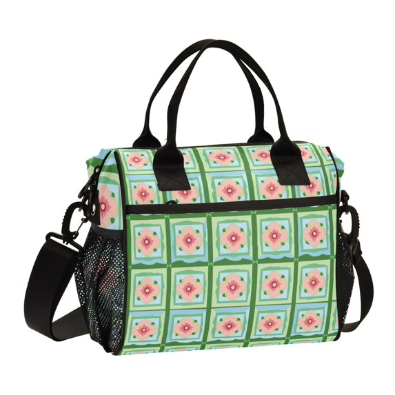 FORMRS Insulated Lunch Bag Unisex Large Capacity with Shoulder Strap, Green Blossom Mosaic