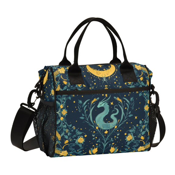 FORMRS Insulated Lunch Bag for Work School Unisex Large Capacity Cooler with Shoulder Strap, Green Dragon Flowers