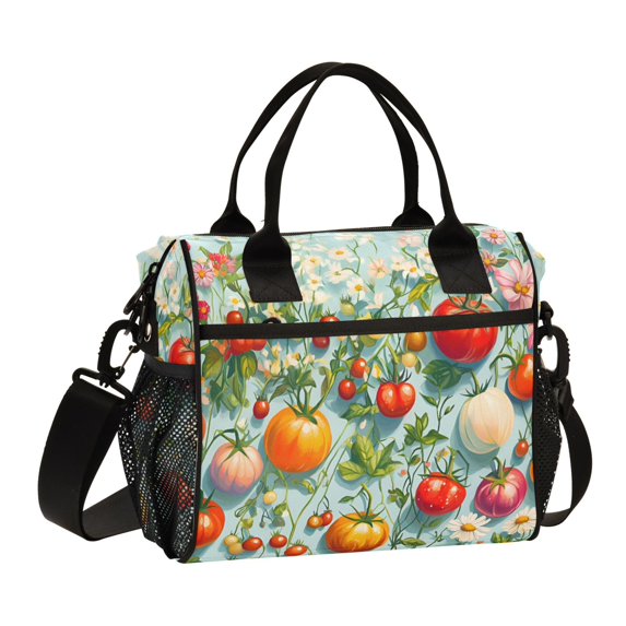 FORMRS Insulated Lunch Bag Unisex Large Capacity with Shoulder Strap, Green Floral Tomatoes