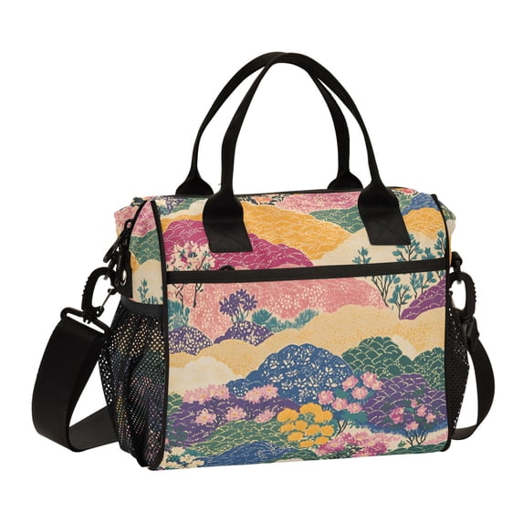 FORMRS Insulated Lunch Bag for Work School Unisex Large Capacity Cooler with Shoulder Strap, Green Floral Wave