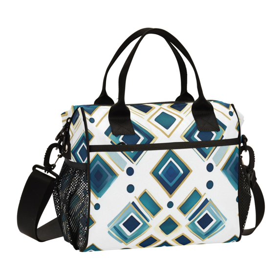 FORMRS Insulated Lunch Bag Unisex Large Capacity with Shoulder Strap, Green Geometric Pattern