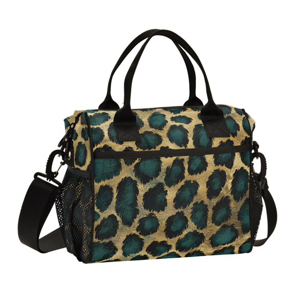 FORMRS Insulated Lunch Bag Unisex Large Capacity with Shoulder Strap, Green Leopard Print