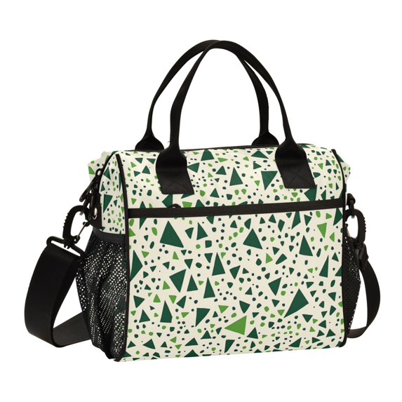 FORMRS Insulated Lunch Bag Unisex Large Capacity with Shoulder Strap, Green Triangles Pattern