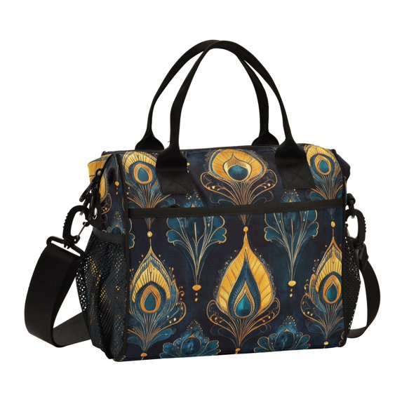 FORMRS Insulated Lunch Bag Unisex Large Capacity with Shoulder Strap, Navy Blue Art Pattern